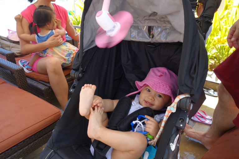 The fan is powered by a battery so it can go anywhere.