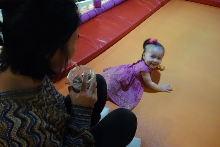 With momma's assistant Haeryun on the trampoline. The funniest part here is she never let go of her pepperoni pizza, even while bouncing.